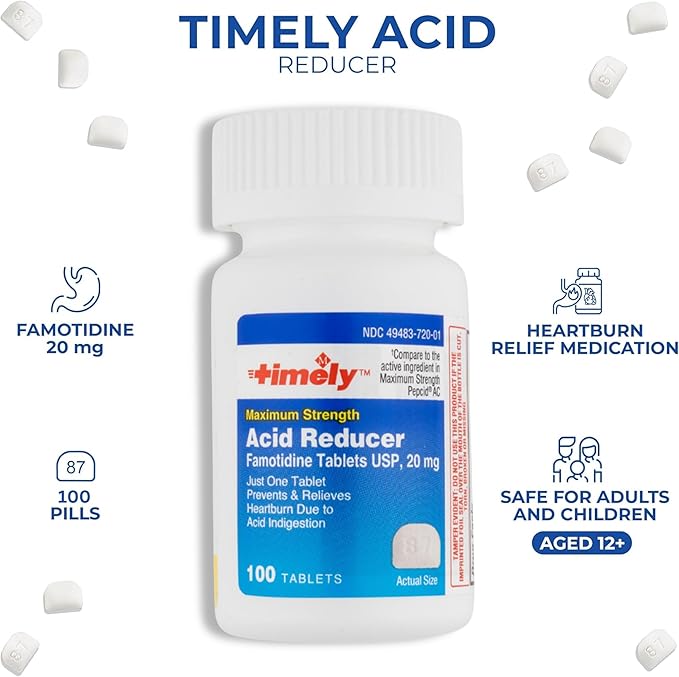 Timely Acid Reducer Famotidine 20mg - Compare to the active ingredient in Maximum Strength Pepcid AC - Antacid Acid Reflux Medicine for Heartburn Relief and Acid Indigestion Symptoms - 100 Tablets