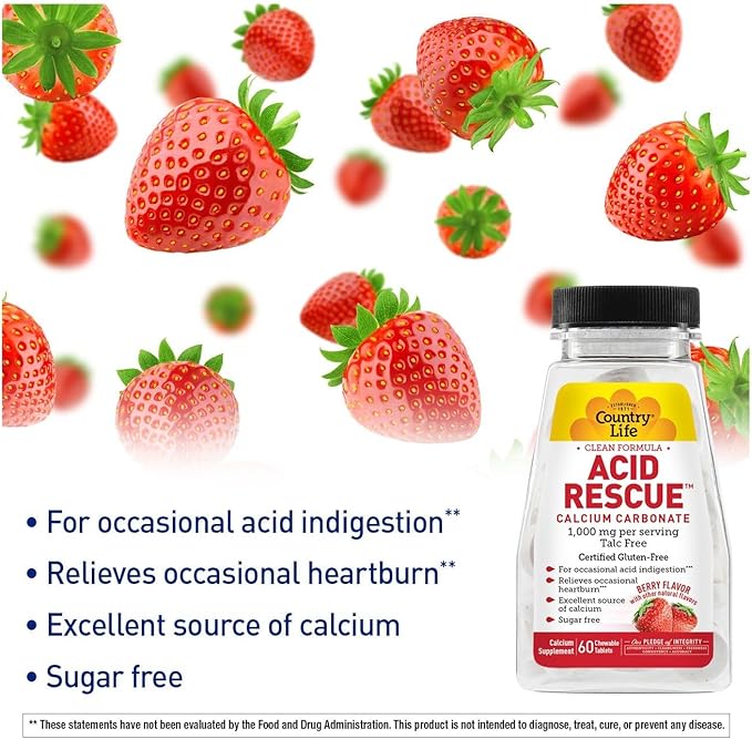 Country Life Acid Rescue Chewable Tablets - Certified Vegan & Gluten-Free Heartburn Relief, 400mg Calcium & Magnesium, Non-GMO, Sugar-Free Berry Flavor, Supports Bone Health, 60 Count