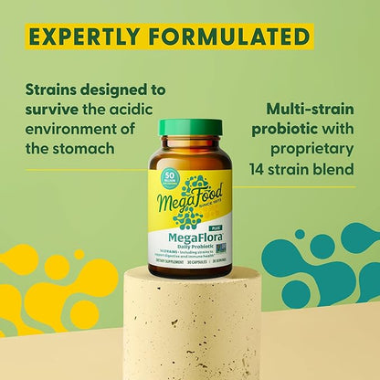 MegaFood MegaFlora Probiotic Plus - Probiotics for Women Digestive Health- Probiotics for Men - 50 Billion CFUs & 14 Strains - Immune Support Supplement - Vegetarian - 30 Capsules, 30 Servings