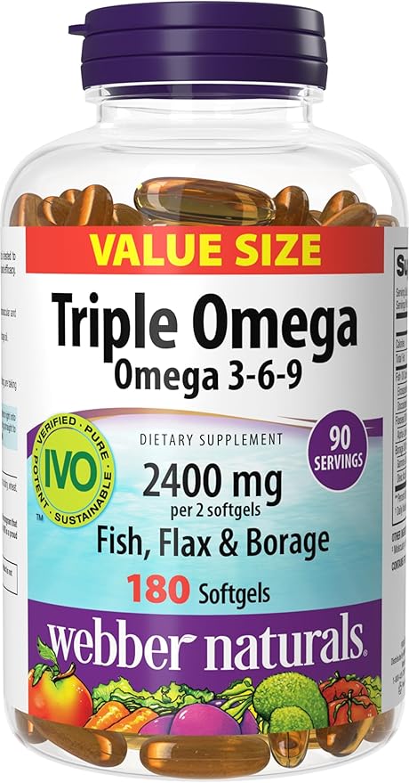 Webber Naturals Triple Omega 3-6-9, 2400 mg Fish Oil Per Serving, High Potency, 180 Softgels, No Fishy Aftertaste, Ultra-Purified, for Heart, Brain and Cardiovascular Health, Shellfish-Free