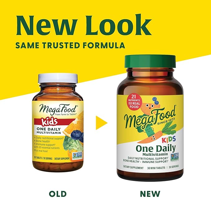 MegaFood Kids One Daily Multivitamin - Convenient Mini Multivitamin for Kids - with Zinc, Vitamins C, B & D - Vegetarian, Gluten Free, Non GMO - 30 Tablets, 30 Servings