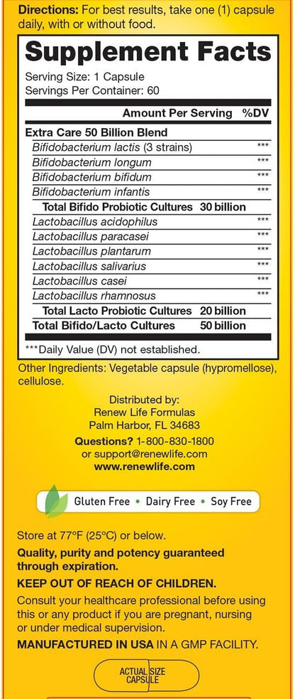 Renew Life Extra Care Ultimate Flora Probiotic 50 Billion Go Pack, 60 CT