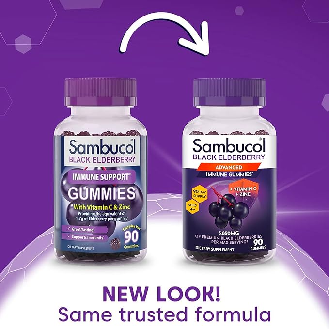 Sambucol Elderberry Gummies for Adults with Vitamin C; Zinc; Sambucus Elderberry Gummies for Immune Support with High Antioxidants; Gluten Free; Vegan; 1 Gummy Per Serving; 90 Count (90 Day Supply)