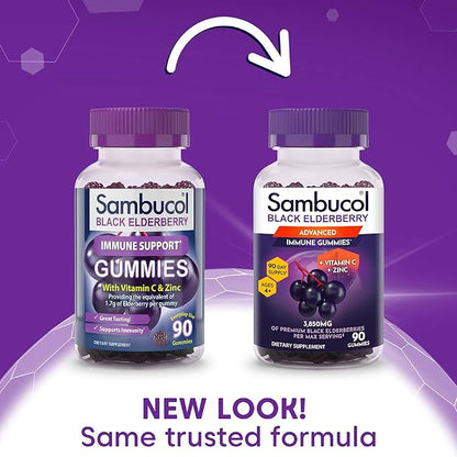Sambucol Elderberry Gummies for Adults with Vitamin C; Zinc; Sambucus Elderberry Gummies for Immune Support with High Antioxidants; Gluten Free; Vegan; 1 Gummy Per Serving; 90 Count (90 Day Supply)