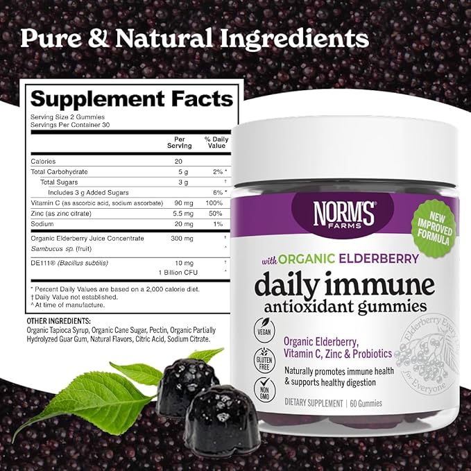 Norm's Farms Daily Immune Elderberry Gummies - Vitamin C, Zinc & Probiotics - Vegan, Gluten Free, Kosher, Non-GMO - 60 Gummies