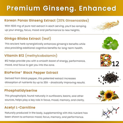 NutraChamps Korean Red Panax Ginseng Capsules | Extra Strength Ginsenosides for Energy, Focus, Performance, Vitality & Immune Support | Korean Red Ginseng Root Extract (90, Premium Gold)