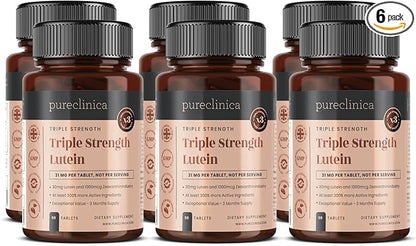 pureclinica Lutein 30mg x 540 Tablets (6 Bottles with 90 Tablets in Each). with 1000mcg Zeaxanthin. 3 x The Strength of Regular Lutein Tablets