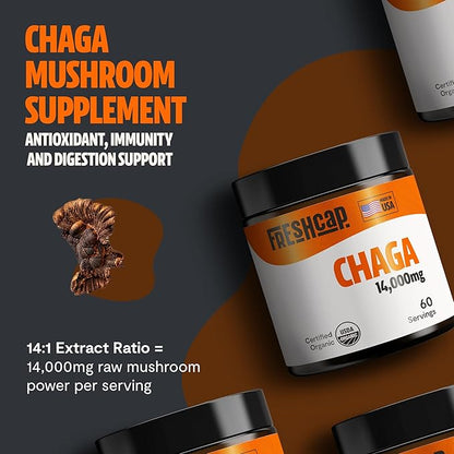 FreshCap Chaga Mushrooms Powder 14,000mg - Chaga Mushroom Extract for Immune and Antioxidants Support, Ayurveda Nootropic Supplement (60 Servings)