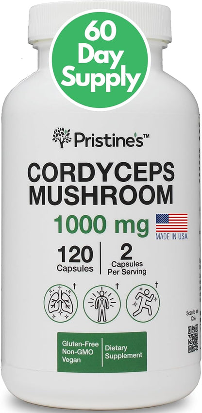 PRISTINE'S Cordyceps Mushroom Capsules - 60 Day Supply 1000 MG - Athletic Performance, Endurance & Immunity Adaptogen Supplement - Anti Aging Support Antioxidant