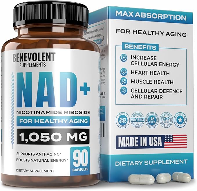 Benevolent NAD+ Supplement 1050mg – 90 Capsules for Maximum Absorption & Cellular Energy Boost – Supports Brain Function, Memory, Stamina & Healthy Aging with Nicotinamide Riboside, Trans-Resveratrol