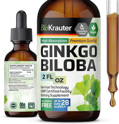 BIO KRAUTER Ginkgo Biloba Extract - Liquid Ginkgo Biloba Supplements for Brain - Vegan, Alcohol & Sugar Free - 2 Fl Oz
