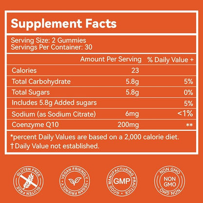 CoQ10 Gummies 200mg, Vegan Supplement for Energy Production, Non-GMO, Gluten Free (120 Gummies)