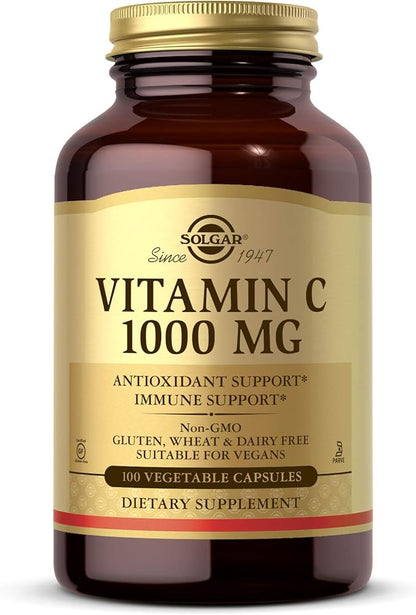 Solgar Vitamin C 1000 mg, 100 Vegetable Capsules - Antioxidant & Immune Support - Overall Health - Healthy Skin & Joints - Bioflavonoids Supplement - Non-GMO, Vegan, Gluten Free, Kosher - 100 Servings