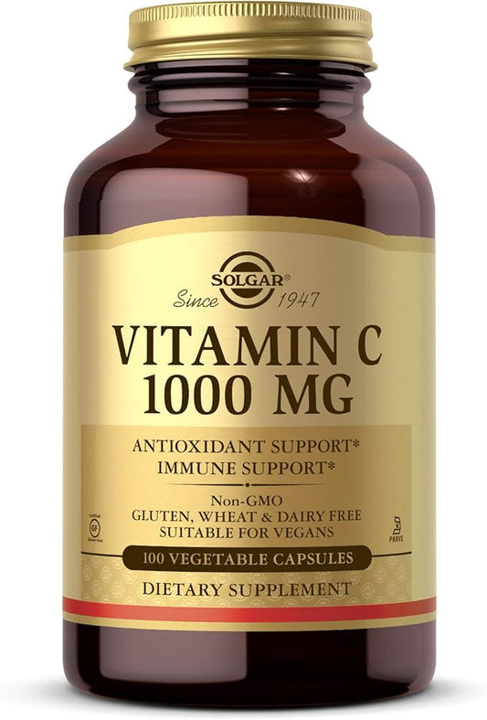 Solgar Vitamin C 1000 mg, 100 Vegetable Capsules - Antioxidant & Immune Support - Overall Health - Healthy Skin & Joints - Bioflavonoids Supplement - Non-GMO, Vegan, Gluten Free, Kosher - 100 Servings