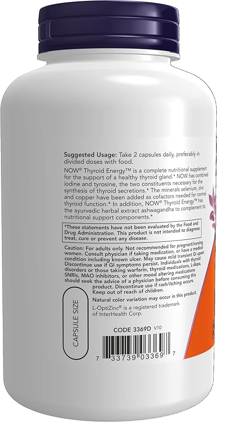 NOW Supplements, Thyroid Energy™, Iodine and Tyrosine Plus Selenium, Zinc and Copper, 180 Veg Capsules (Pack of 2)