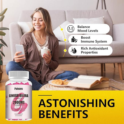1 Pack 2000mg Ginkgo Biloba Gummies - Ginkgo Biloba Supplements for Brain Health Support, Improve Mood and Focus, Energy, Adult, Strawberry Flavor, 60 Count