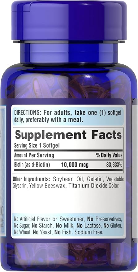 Puritan's Pride Biotin 10000 Mcg, Helps Promote Skin, Hair and Nail Health, Softgels 100 Count (Pack of 2)