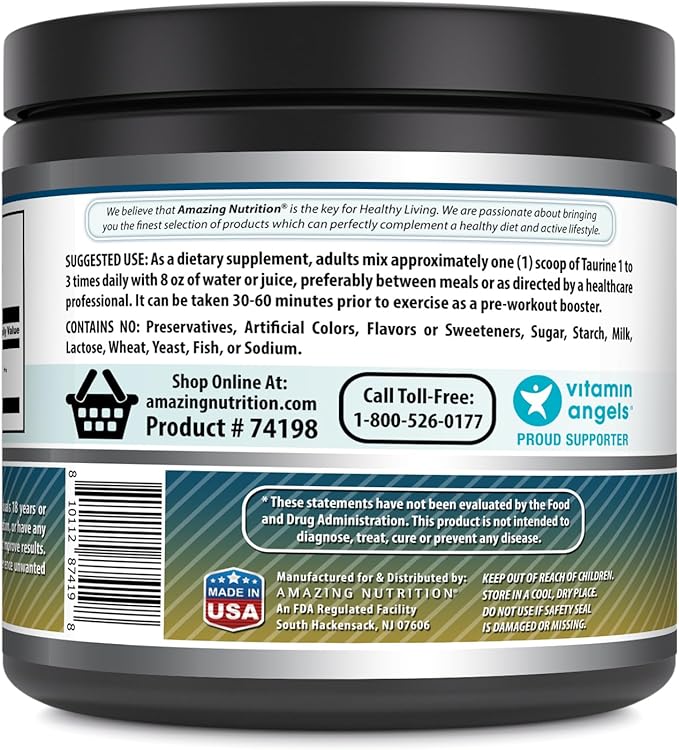 Amazing Formulas Taurine Powder Supplement | Non-GMO | Gluten Free | Made in USA (1 Lb | 454 Grams)