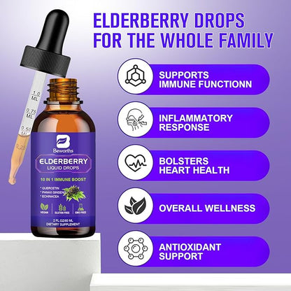 Elderberry Syrup | Quercetin Black Elderberry Liquid Drop with Quercetin, Panax Ginseng for Immune Support | Sambucus Elderberry with Vitamin C and Zinc, D3 | Vegan | Non-GMO | Original