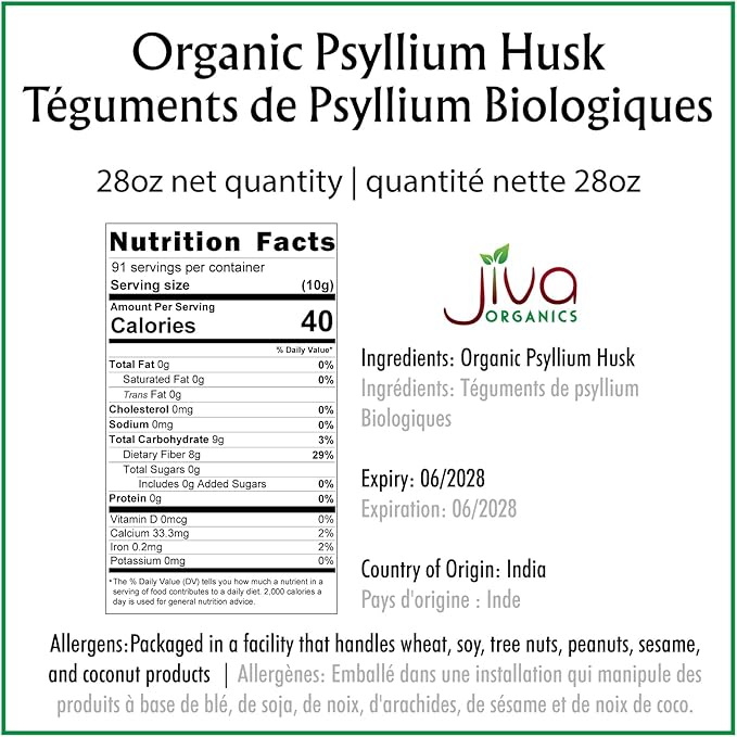 Jiva Organics Whole Psyllium Husk (Isabgol) 1.75 LB (28 Oz) Jumbo Bag - Non-GMO, Unflavored - Keto Friendly, Soluble Fiber