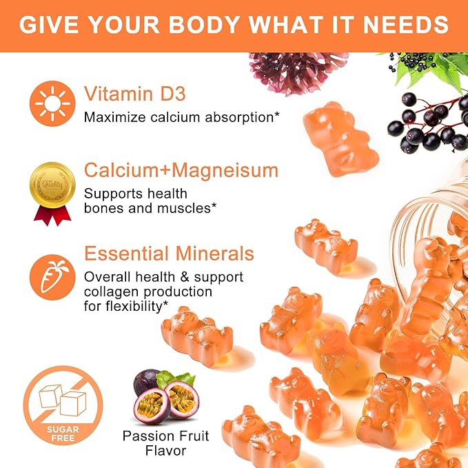 Calcium Gummies with D3,K2,Zinc - Plant Complex Calcium Magnesium Supplement with Glycinate,Potassium,Vitamin C &Whole Natural Food for Bone & Immune Support- 60 Chewable Gummy Sugar-Free