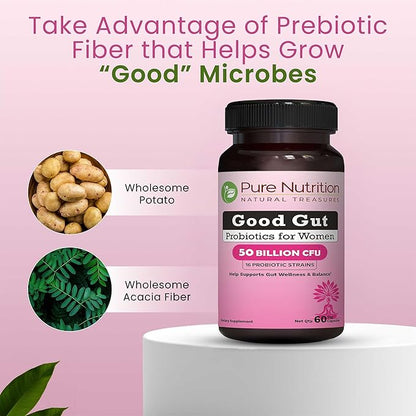 Pure Nutrition Good Gut Women's Probiotics 50 Billion CFU, 16 Strains | 60 Caps | Probiotics for Women with Organic Prebiotic Blend | Once Daily | Non GMO | Gluten Free