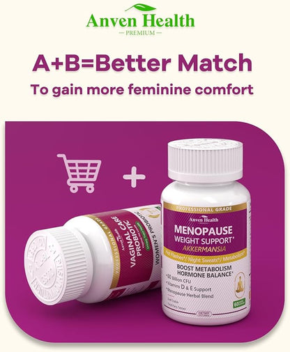Akkermansia Probiotics for Women in Menopause – 60 Billion CFU for Gut, Metabolism & Hormonal Balance – Non-GMO, Vegan, with Herbal Support, Calcium, Prebiotics & Vitamins | 180 Capsules