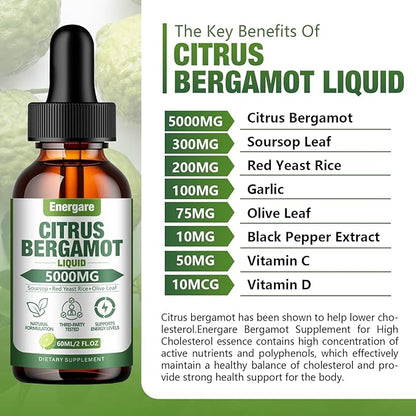 1 Pack Citrus Bergamot Liquid Drops, Bergamot Supplement for High Cholesterol - Soursop, Red Yeast Rice, Olive Leaf - All - Natural, Heart Immune Support & Antioxidant, Soursop Bitters Liquid，2 Fl Oz