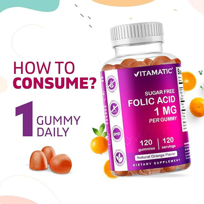 Vitamatic Folic Acid Gummies 1000 mcg (1 mg) – Essential Prenatal Vitamin B9 for Mom & Baby – 120 Vegan Gummies per Bottle – 2 Pack