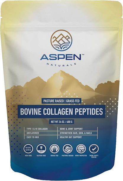 ASPEN NATURALS Bovine Collagen Peptides Powder 24 Oz – Type I & III | Grass Fed, Pasture Raised | Healthy Hair, Skin & Nails | Gut Support | Paleo Friendly, Unflavoured, Gluten-Free