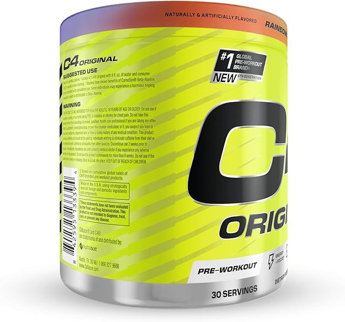 Cellucor C4 Original Pre Workout Powder Sugar Free for Men & Women 200mg Caffeine + CarnoSyn Beta-Alanine + Creatine + AI Peptides - Rainbow Blast, 30 Servings