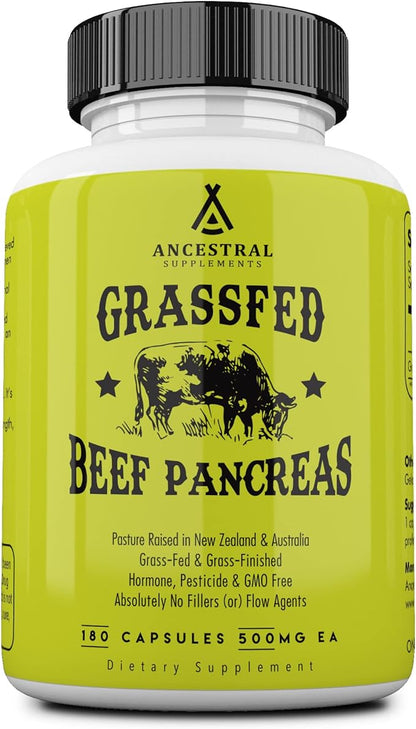 Ancestral Supplements Grass Fed Beef Pancreas Supplement, 500mg, Pancreatic Support with Proteolytic Digestive Enzymes for Digestion Support, Including Trypsin, Non GMO, 180 Capsules
