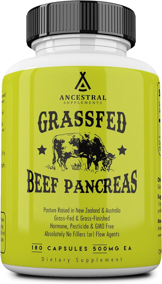Ancestral Supplements Grass Fed Beef Pancreas Supplement, 500mg, Pancreatic Support with Proteolytic Digestive Enzymes for Digestion Support, Including Trypsin, Non GMO, 180 Capsules