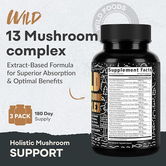 Wild Foods Premium Mushroom Supplement Complex | 10:1 Mushroom Extract 13 Organic Mushrooms: Lions Mane, Turkey Tail, Reishi & More Adaptogenic Mushrooms for Energy, Brain & Immune Health(60 Capsules)