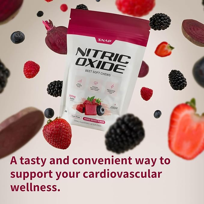 Snap Supplements USDA Organic Beet Root Powder, 3-in-1 Nitric Oxide Supplement, Support Healthy Blood Pressure and Blood Circulation, 250g (60 Servings (Pack of 1), Mixed Berry (Chews))