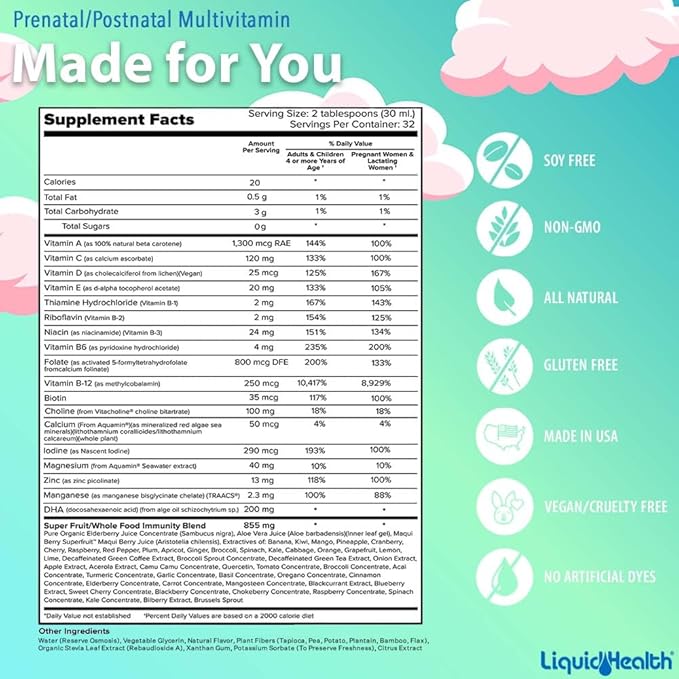 LIQUIDHEALTH Prenatal/Postnatal Multiple Liquid Women's Multivitamin with Real Folate - Pre & Postnatal Vitamins for Before, During, After Pregnancy - Made in USA, Vegan, Sugar-Free, Non-GMO (2 Pack)