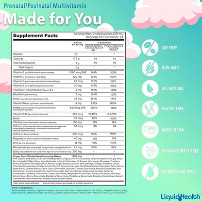 LIQUIDHEALTH Prenatal/Postnatal Multiple Liquid Women's Multivitamin with Real Folate - Pre & Postnatal Vitamins for Before, During, After Pregnancy - Made in USA, Vegan, Sugar-Free, Non-GMO (32 oz)