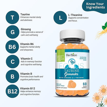 HERBION Naturals Taurine Gummies with Ginseng, L-Theanine, Vitamin C, B3, B6, & B12, Support Mental Clarity & Concentration*, Natural Peach Flavor, Gluten-Free, USA Made, 240 Count (Pack of 4)