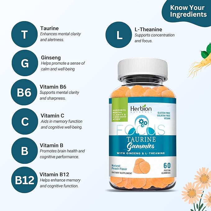 HERBION Naturals Taurine Gummies with Ginseng, L-Theanine, Vitamin C, B3, B6, & B12, Support Mental Clarity & Concentration*, Natural Peach Flavor, Gluten-Free, USA Made,120 Count (Pack of 2)