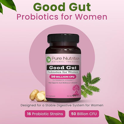 Pure Nutrition Good Gut Women's Probiotics 50 Billion CFU, 16 Strains | 60 Caps | Probiotics for Women with Organic Prebiotic Blend | Once Daily | Non GMO | Gluten Free