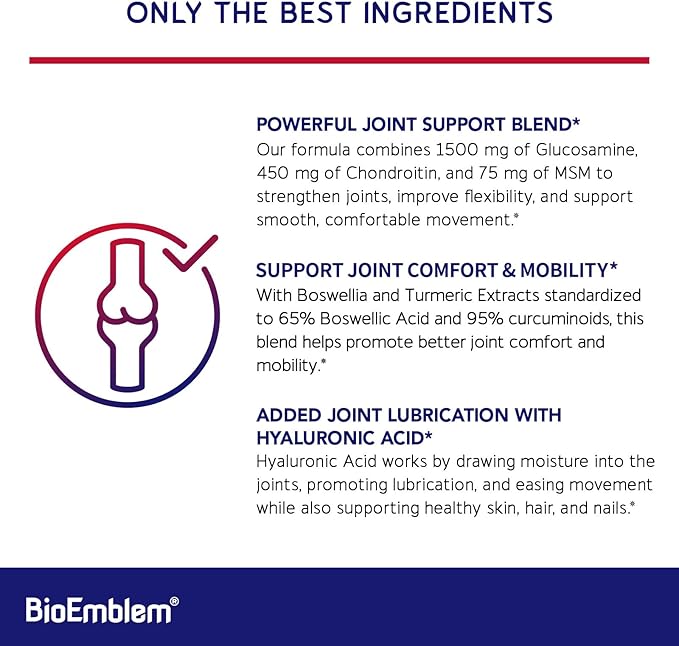 BioEmblem Joint Support - Glucosamine Chondroitin + MSM 1500 MG - with Boswellia, Turmeric & Hyaluronic Acid - Joint Health Supplement, Mobility, Flexibility, Cartilage - Non-GMO - 90 Caps