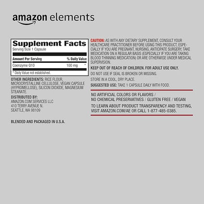 Amazon Elements Vegan CoQ10 100 mg - Normal Energy Production, Supports Cardiovascular Health - 2 Month Supply (60 Capsules)
