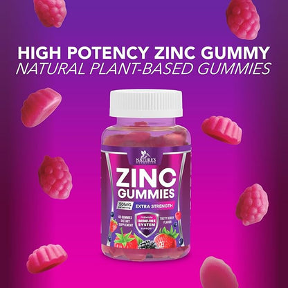 Zinc Gummies 50mg - Bone Skin & Immune Support Health Gummy & Premium Antioxidant Chewable for Adults - High Absorption Vegan, Gluten Free Zinc Supplements Vitamin - Tasty Berry Flavor - 60 Gummies