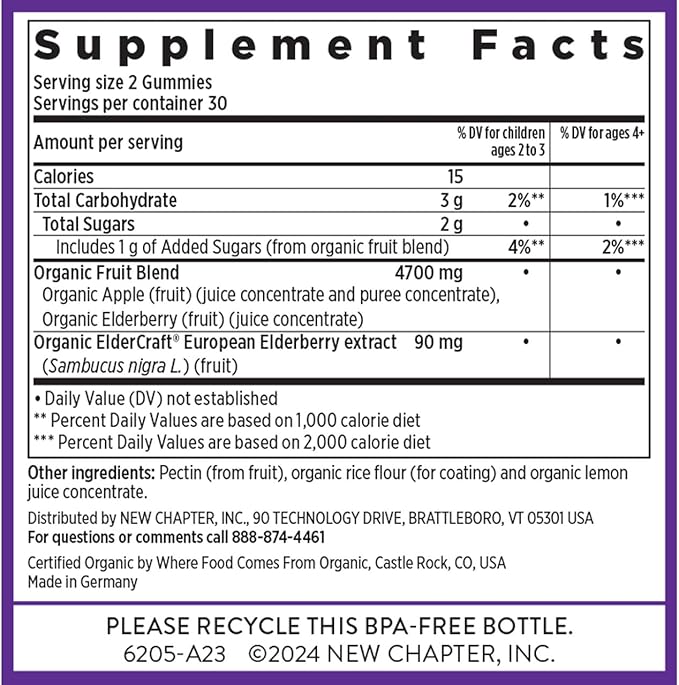 New Chapter Elderberry Gummies for Adults & Kids (2+), USDA Organic 64x Concentrated Elderberry for Immune Support, Great-Tasting Whole-Food Gummies, Vegan & Non-GMO - 60 ct