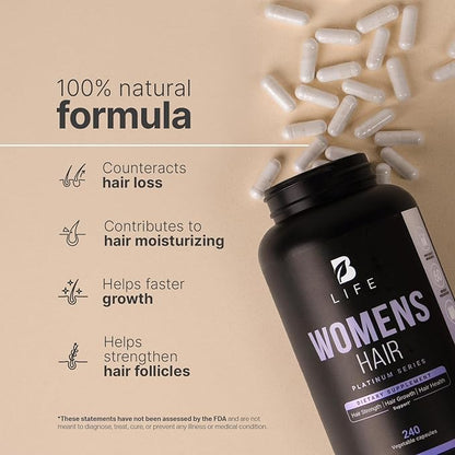 Women's Hair Growth Supplement with Natural Ingredients: Biotin, Hydrolyzed Collagen I & III and Amino Acids | 240 Caps - 60 Days - 10,000 mcg Biotin per Serving | Made in The USA by B Life.