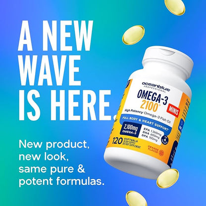 Oceanblue Professional Omega-3 2100 Minis – 120 ct – Triple Strength Burpless Fish Oil Supplement with High-Potency EPA, DHA, DPA – Orange Flavor (30 Servings)