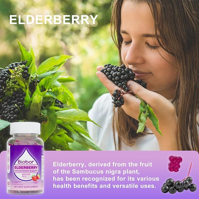 Natural Elderberry Gummies, Daily Immune Support Gummies with Vitamins C for Adults and Children Ages 4 Up, Gluten Free Vegan Elderberry Supplement (Strawberry, 60 Count)