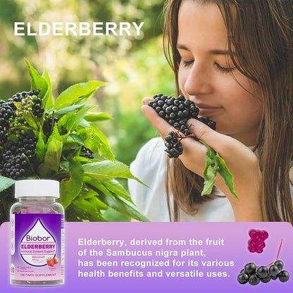 Natural Elderberry Gummies, Daily Immune Support Gummies with Vitamins C for Adults and Children Ages 4 Up, Gluten Free Vegan Elderberry Supplement (Strawberry, 60 Count)