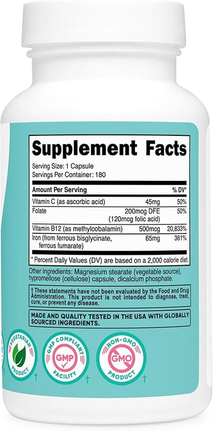 Nutricost Iron for Women 65mg, 180 Capsules, with Vitamin C, Folate, & Vitamin B12 - Vegetarian Friendly, Non-GMO, Gluten Free