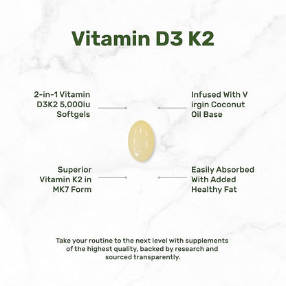 DEAL SUPPLEMENT Sunshine Vitamin D – Vitamin D3 5,000 IU with K2 MK7 100mcg – Infused with Virgin Coconut Oil – Support Healthy Bones, Teeth, and Immune System – Easy to Swallow